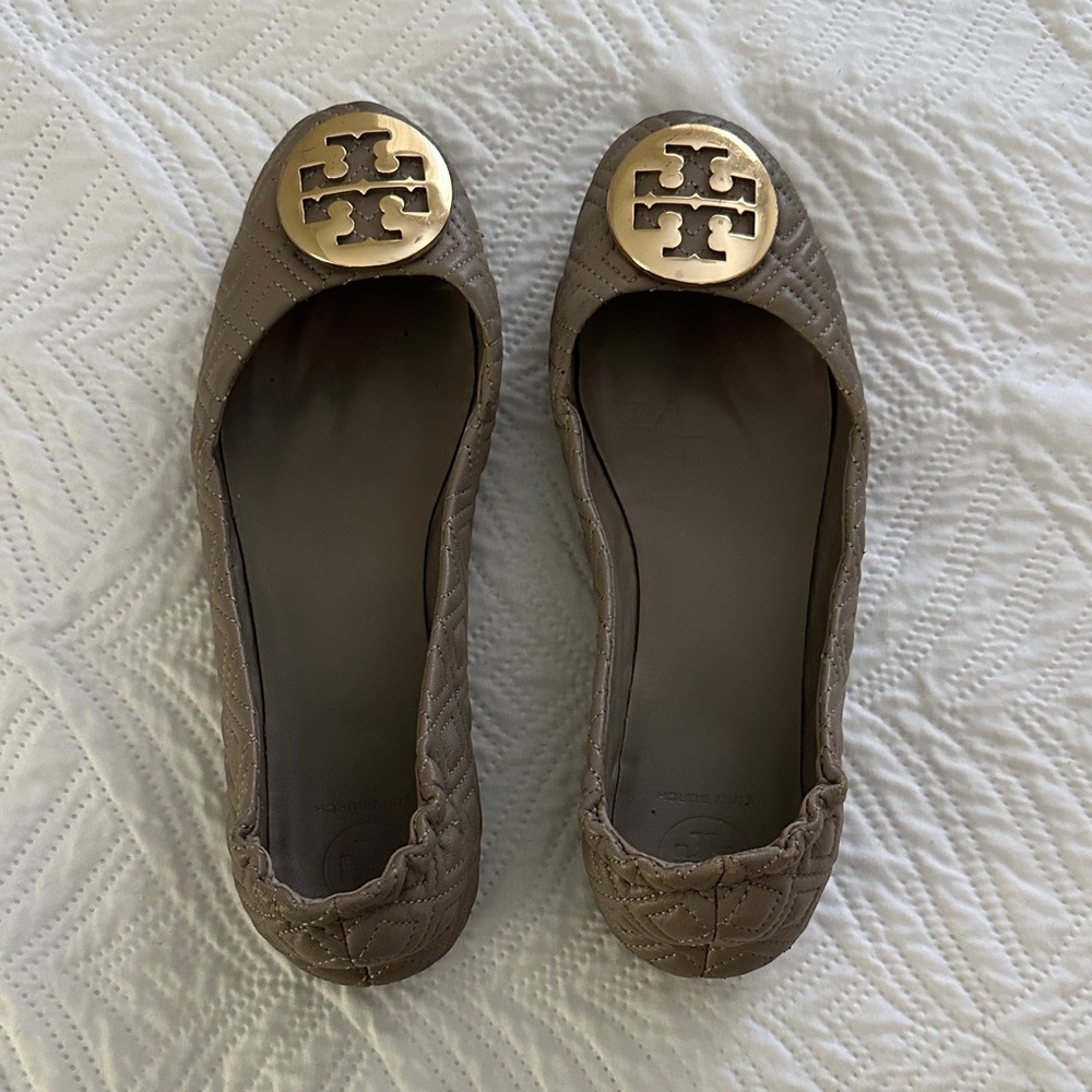 Tory Burch Quilted Taupe Minnie Travel Ballet Flats with Gold Logo Medallion